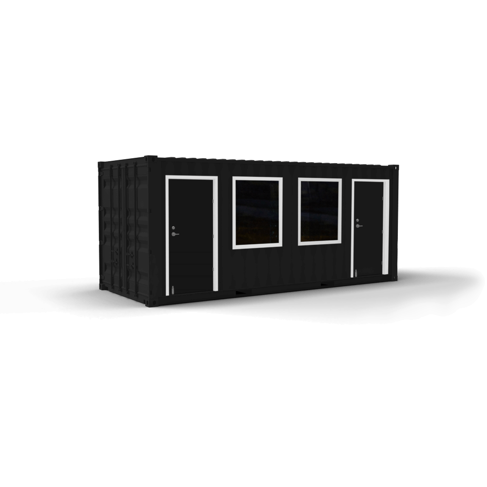 black shipping container with 2 doors and 2 windows