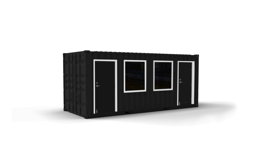 black shipping container with 2 doors and 2 windows