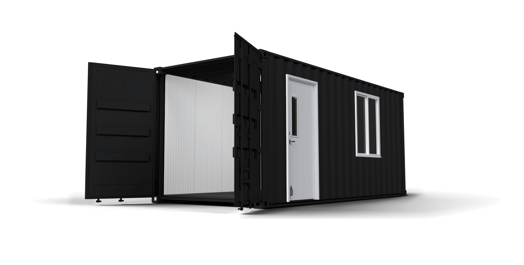 Black shipping container with back doors open